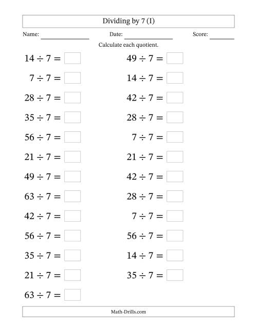 The Horizontally Arranged Dividing by 7 with Quotients 1 to 9 (25 Questions; Large Print) (I) Math Worksheet