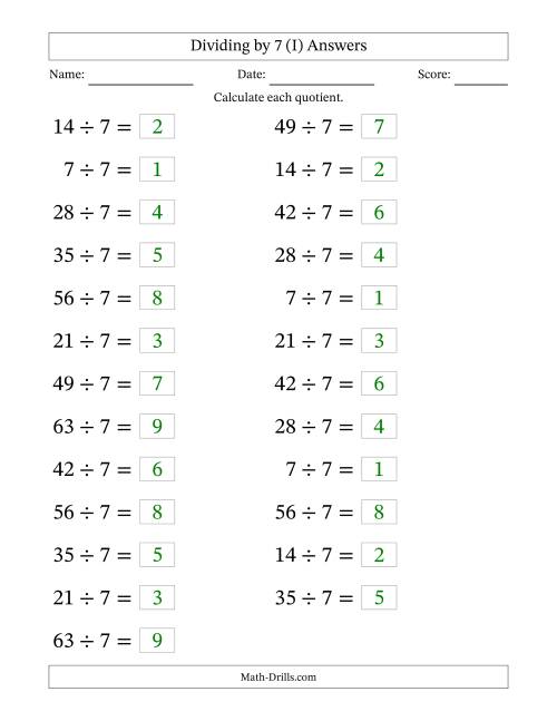 The Horizontally Arranged Dividing by 7 with Quotients 1 to 9 (25 Questions; Large Print) (I) Math Worksheet Page 2