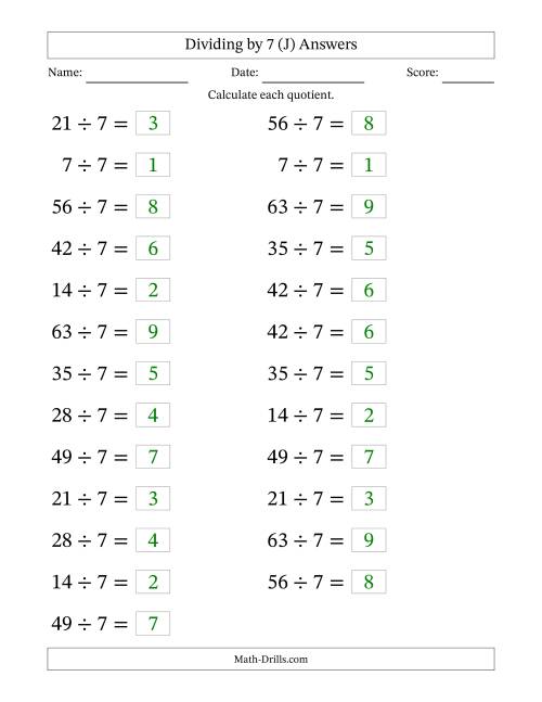 The Horizontally Arranged Dividing by 7 with Quotients 1 to 9 (25 Questions; Large Print) (J) Math Worksheet Page 2