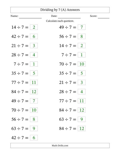 The Horizontally Arranged Dividing by 7 with Quotients 1 to 12 (25 Questions; Large Print) (A) Math Worksheet Page 2