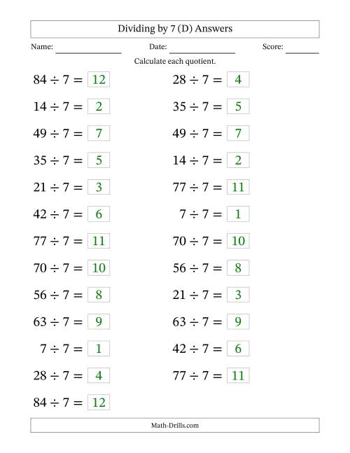 The Horizontally Arranged Dividing by 7 with Quotients 1 to 12 (25 Questions; Large Print) (D) Math Worksheet Page 2
