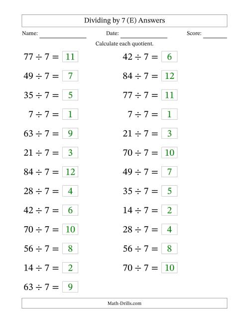 The Horizontally Arranged Dividing by 7 with Quotients 1 to 12 (25 Questions; Large Print) (E) Math Worksheet Page 2