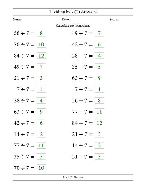 The Horizontally Arranged Dividing by 7 with Quotients 1 to 12 (25 Questions; Large Print) (F) Math Worksheet Page 2