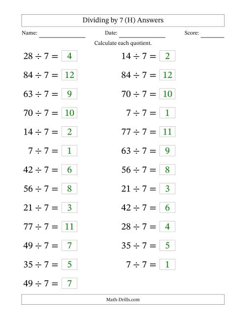 The Horizontally Arranged Dividing by 7 with Quotients 1 to 12 (25 Questions; Large Print) (H) Math Worksheet Page 2