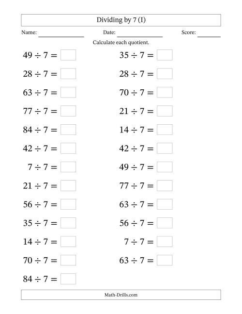 The Horizontally Arranged Dividing by 7 with Quotients 1 to 12 (25 Questions; Large Print) (I) Math Worksheet