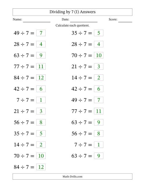 The Horizontally Arranged Dividing by 7 with Quotients 1 to 12 (25 Questions; Large Print) (I) Math Worksheet Page 2
