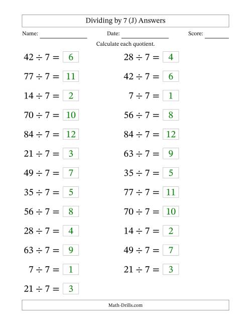 The Horizontally Arranged Dividing by 7 with Quotients 1 to 12 (25 Questions; Large Print) (J) Math Worksheet Page 2
