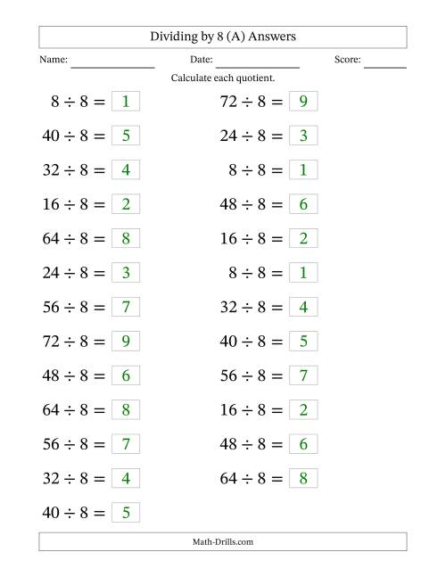The Horizontally Arranged Dividing by 8 with Quotients 1 to 9 (25 Questions; Large Print) (A) Math Worksheet Page 2
