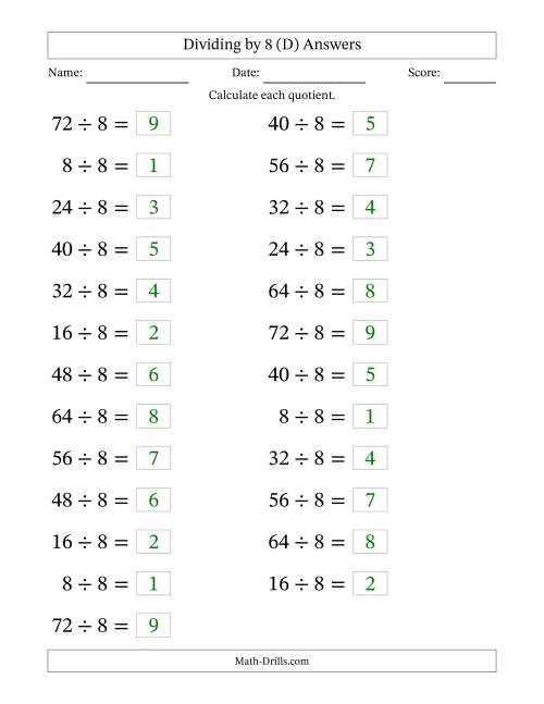 The Horizontally Arranged Dividing by 8 with Quotients 1 to 9 (25 Questions; Large Print) (D) Math Worksheet Page 2