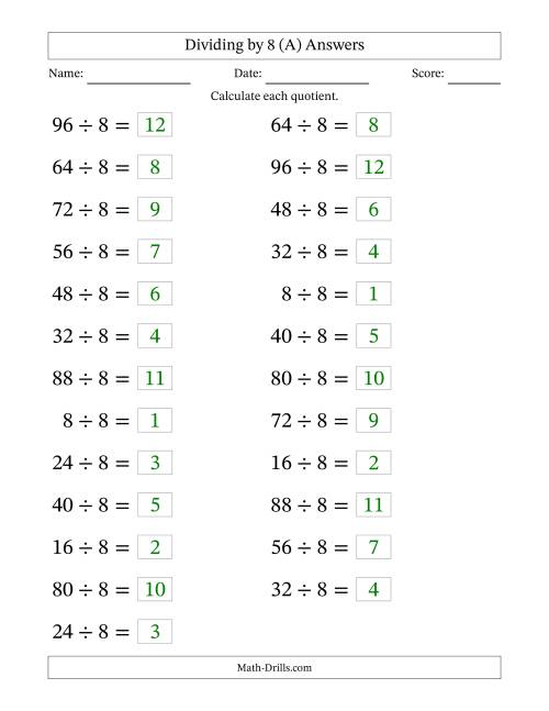 The Horizontally Arranged Dividing by 8 with Quotients 1 to 12 (25 Questions; Large Print) (A) Math Worksheet Page 2