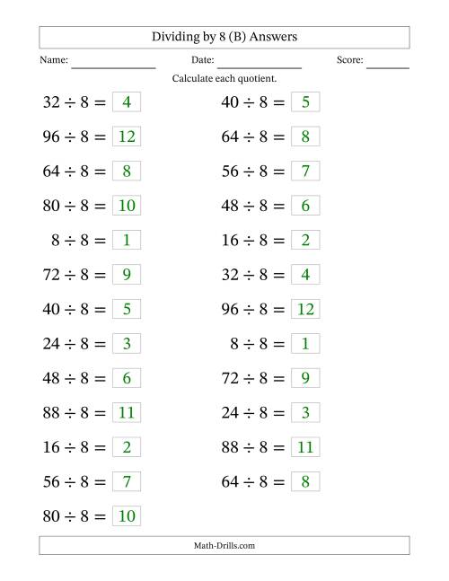The Horizontally Arranged Dividing by 8 with Quotients 1 to 12 (25 Questions; Large Print) (B) Math Worksheet Page 2