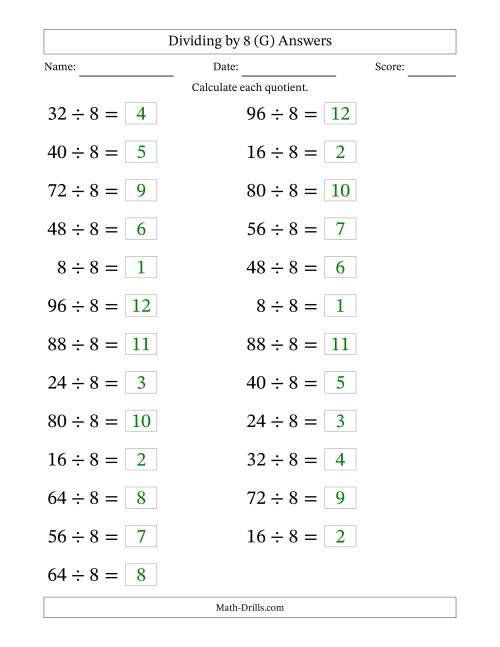 The Horizontally Arranged Dividing by 8 with Quotients 1 to 12 (25 Questions; Large Print) (G) Math Worksheet Page 2