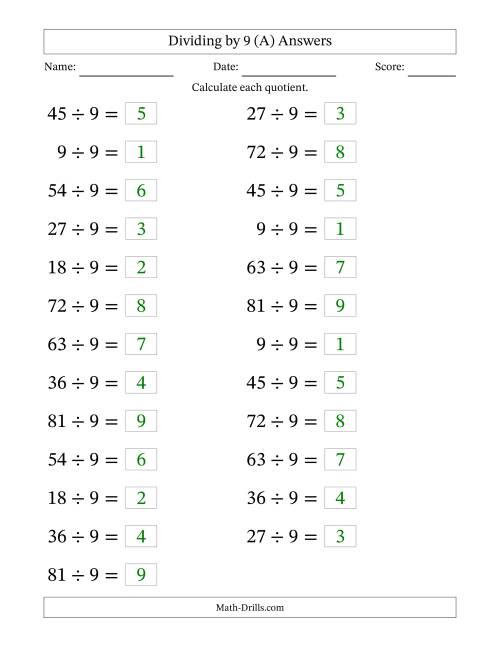 The Horizontally Arranged Dividing by 9 with Quotients 1 to 9 (25 Questions; Large Print) (A) Math Worksheet Page 2