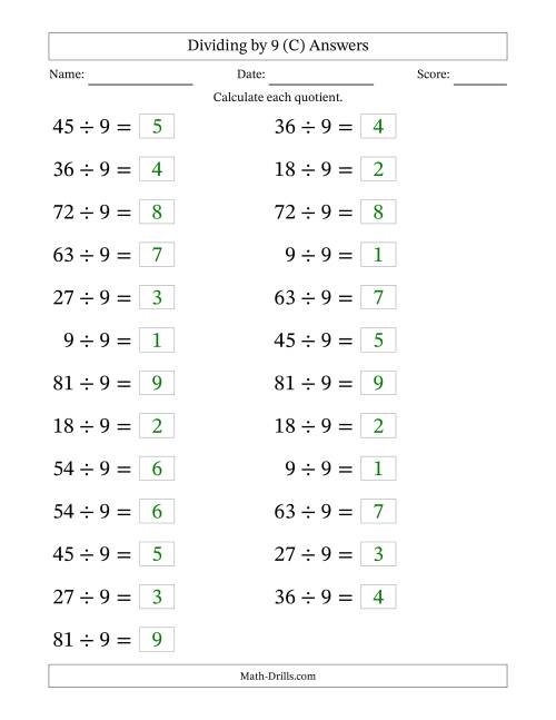 The Horizontally Arranged Dividing by 9 with Quotients 1 to 9 (25 Questions; Large Print) (C) Math Worksheet Page 2