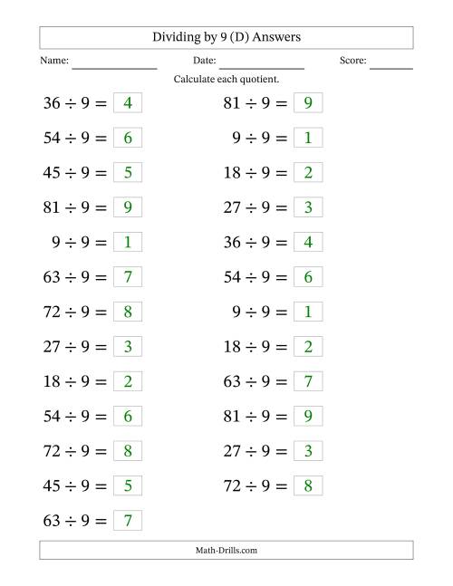 The Horizontally Arranged Dividing by 9 with Quotients 1 to 9 (25 Questions; Large Print) (D) Math Worksheet Page 2