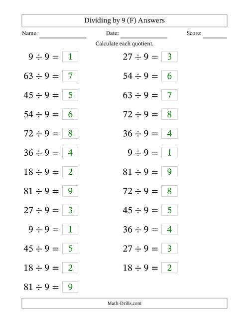 The Horizontally Arranged Dividing by 9 with Quotients 1 to 9 (25 Questions; Large Print) (F) Math Worksheet Page 2
