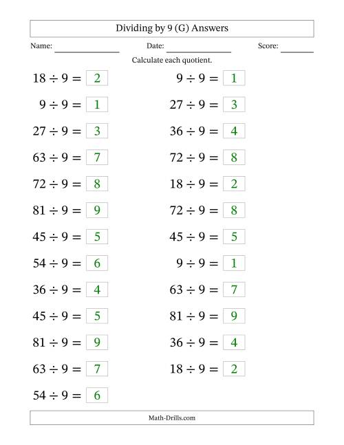 The Horizontally Arranged Dividing by 9 with Quotients 1 to 9 (25 Questions; Large Print) (G) Math Worksheet Page 2