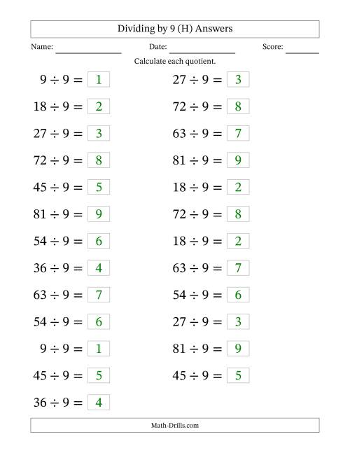 The Horizontally Arranged Dividing by 9 with Quotients 1 to 9 (25 Questions; Large Print) (H) Math Worksheet Page 2
