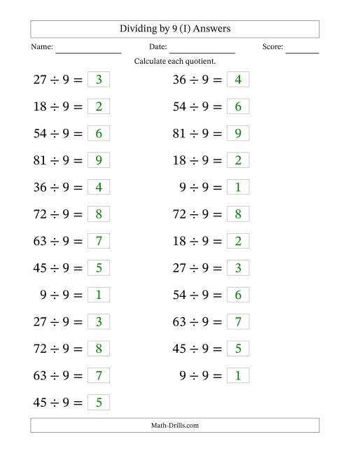 The Horizontally Arranged Dividing by 9 with Quotients 1 to 9 (25 Questions; Large Print) (I) Math Worksheet Page 2