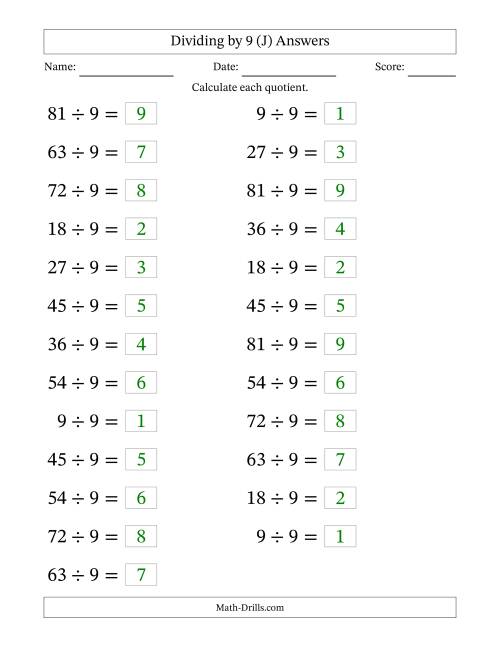 The Horizontally Arranged Dividing by 9 with Quotients 1 to 9 (25 Questions; Large Print) (J) Math Worksheet Page 2