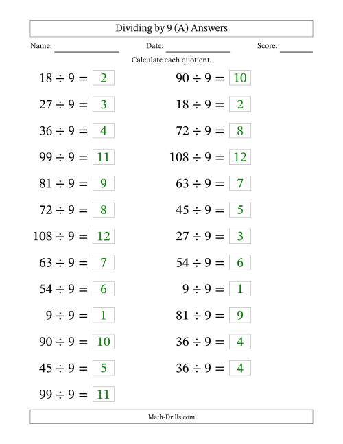 The Horizontally Arranged Dividing by 9 with Quotients 1 to 12 (25 Questions; Large Print) (A) Math Worksheet Page 2