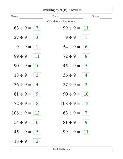 The Horizontally Arranged Dividing by 9 with Quotients 1 to 12 (25 Questions; Large Print) (B) Math Worksheet Page 2