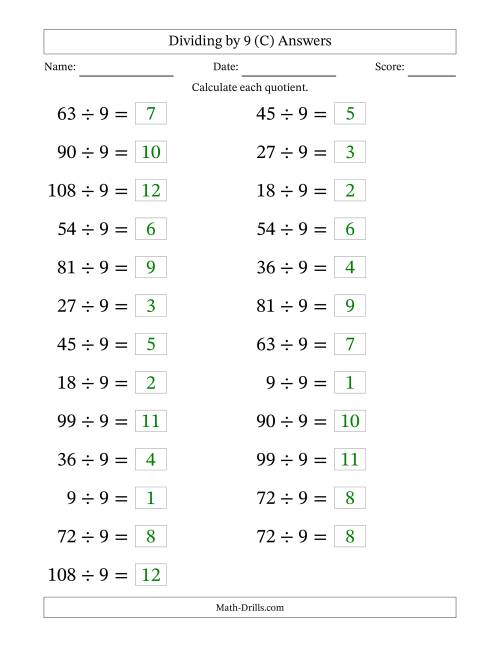 The Horizontally Arranged Dividing by 9 with Quotients 1 to 12 (25 Questions; Large Print) (C) Math Worksheet Page 2
