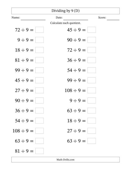 The Horizontally Arranged Dividing by 9 with Quotients 1 to 12 (25 Questions; Large Print) (D) Math Worksheet