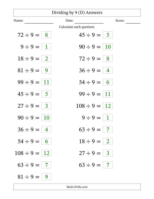 The Horizontally Arranged Dividing by 9 with Quotients 1 to 12 (25 Questions; Large Print) (D) Math Worksheet Page 2