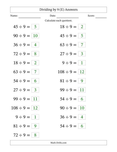 The Horizontally Arranged Dividing by 9 with Quotients 1 to 12 (25 Questions; Large Print) (E) Math Worksheet Page 2