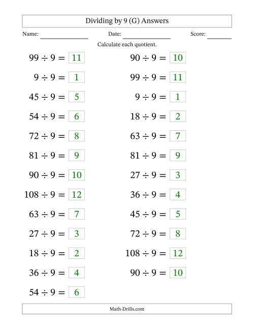 The Horizontally Arranged Dividing by 9 with Quotients 1 to 12 (25 Questions; Large Print) (G) Math Worksheet Page 2