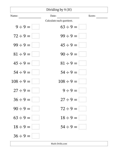 The Horizontally Arranged Dividing by 9 with Quotients 1 to 12 (25 Questions; Large Print) (H) Math Worksheet