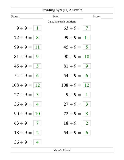 The Horizontally Arranged Dividing by 9 with Quotients 1 to 12 (25 Questions; Large Print) (H) Math Worksheet Page 2