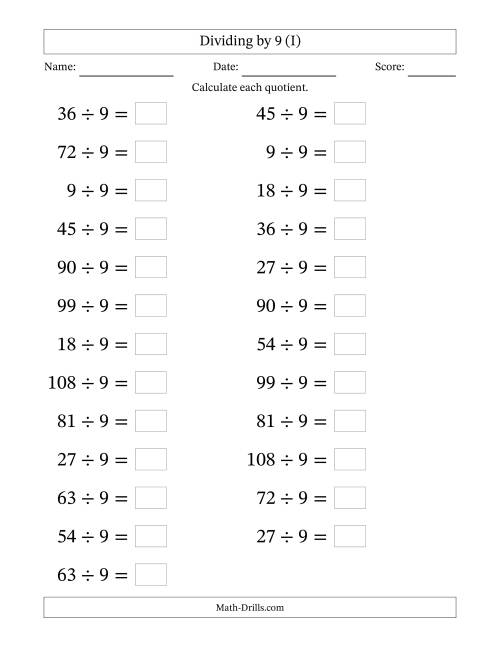 The Horizontally Arranged Dividing by 9 with Quotients 1 to 12 (25 Questions; Large Print) (I) Math Worksheet