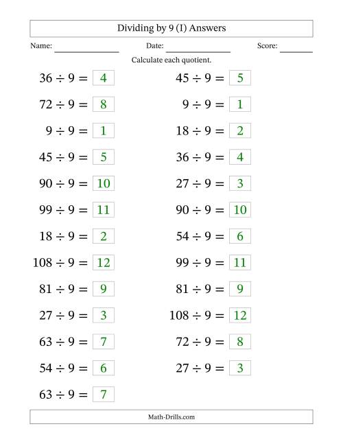 The Horizontally Arranged Dividing by 9 with Quotients 1 to 12 (25 Questions; Large Print) (I) Math Worksheet Page 2