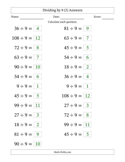 The Horizontally Arranged Dividing by 9 with Quotients 1 to 12 (25 Questions; Large Print) (J) Math Worksheet Page 2
