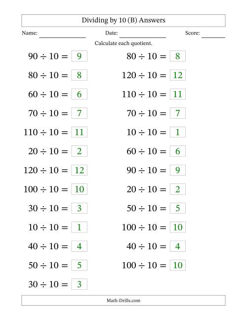 The Horizontally Arranged Dividing by 10 with Quotients 1 to 12 (25 Questions; Large Print) (B) Math Worksheet Page 2