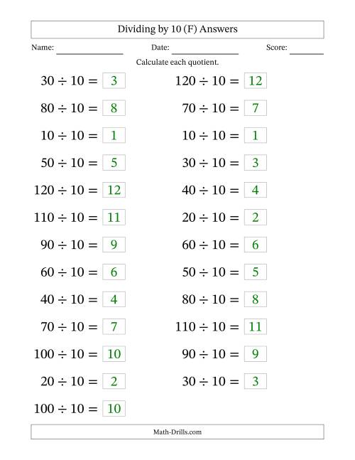 The Horizontally Arranged Dividing by 10 with Quotients 1 to 12 (25 Questions; Large Print) (F) Math Worksheet Page 2