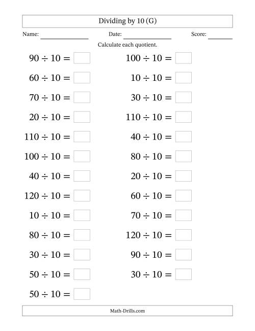 The Horizontally Arranged Dividing by 10 with Quotients 1 to 12 (25 Questions; Large Print) (G) Math Worksheet