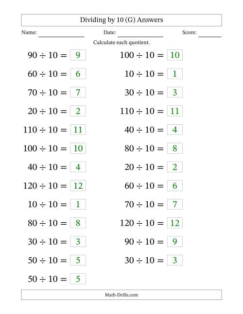 The Horizontally Arranged Dividing by 10 with Quotients 1 to 12 (25 Questions; Large Print) (G) Math Worksheet Page 2