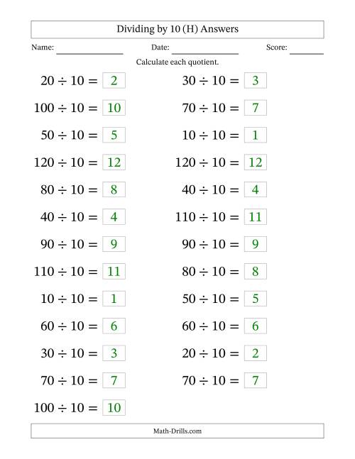 The Horizontally Arranged Dividing by 10 with Quotients 1 to 12 (25 Questions; Large Print) (H) Math Worksheet Page 2