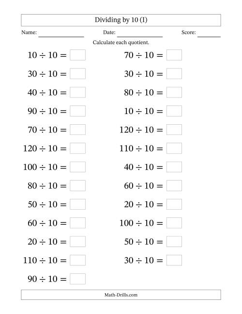 The Horizontally Arranged Dividing by 10 with Quotients 1 to 12 (25 Questions; Large Print) (I) Math Worksheet
