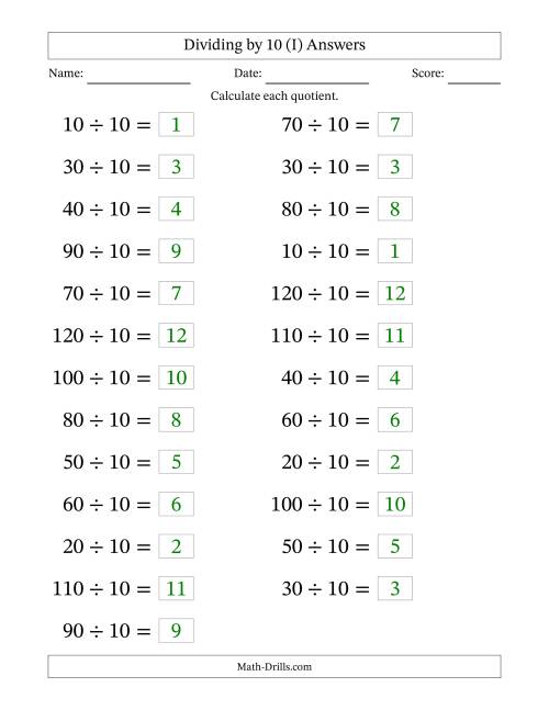 The Horizontally Arranged Dividing by 10 with Quotients 1 to 12 (25 Questions; Large Print) (I) Math Worksheet Page 2
