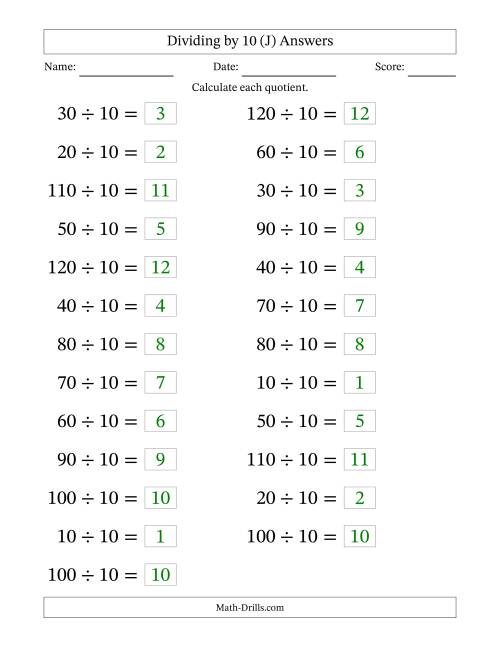 The Horizontally Arranged Dividing by 10 with Quotients 1 to 12 (25 Questions; Large Print) (J) Math Worksheet Page 2