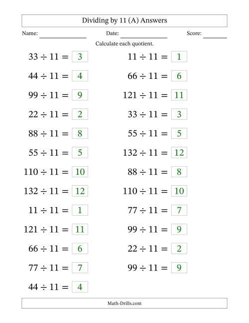 The Horizontally Arranged Dividing by 11 with Quotients 1 to 12 (25 Questions; Large Print) (A) Math Worksheet Page 2