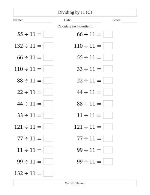 The Horizontally Arranged Dividing by 11 with Quotients 1 to 12 (25 Questions; Large Print) (C) Math Worksheet