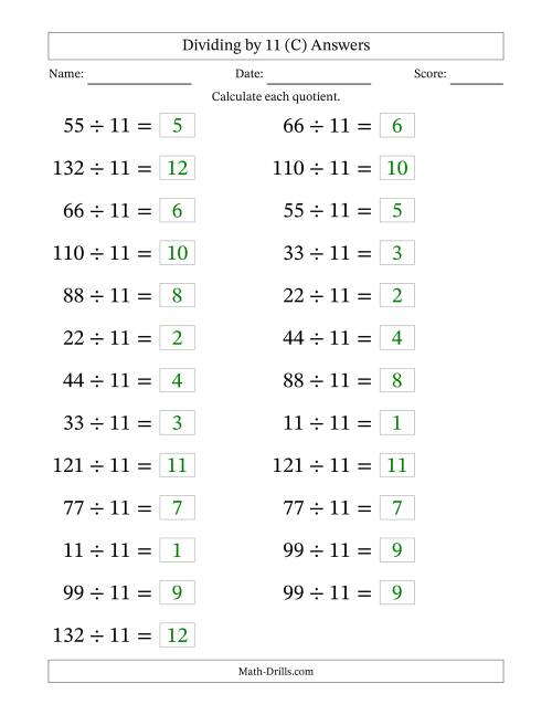 The Horizontally Arranged Dividing by 11 with Quotients 1 to 12 (25 Questions; Large Print) (C) Math Worksheet Page 2