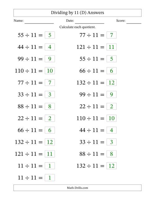The Horizontally Arranged Dividing by 11 with Quotients 1 to 12 (25 Questions; Large Print) (D) Math Worksheet Page 2