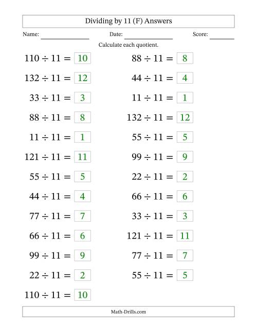 The Horizontally Arranged Dividing by 11 with Quotients 1 to 12 (25 Questions; Large Print) (F) Math Worksheet Page 2