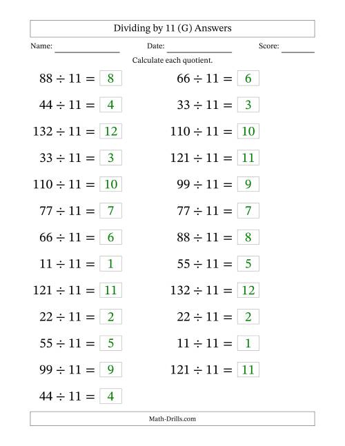The Horizontally Arranged Dividing by 11 with Quotients 1 to 12 (25 Questions; Large Print) (G) Math Worksheet Page 2